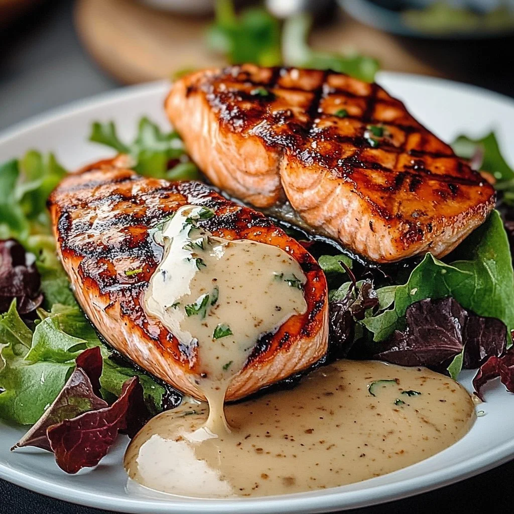 Seared tuna steaks topped with creamy garlic sauce and served with a fresh salad