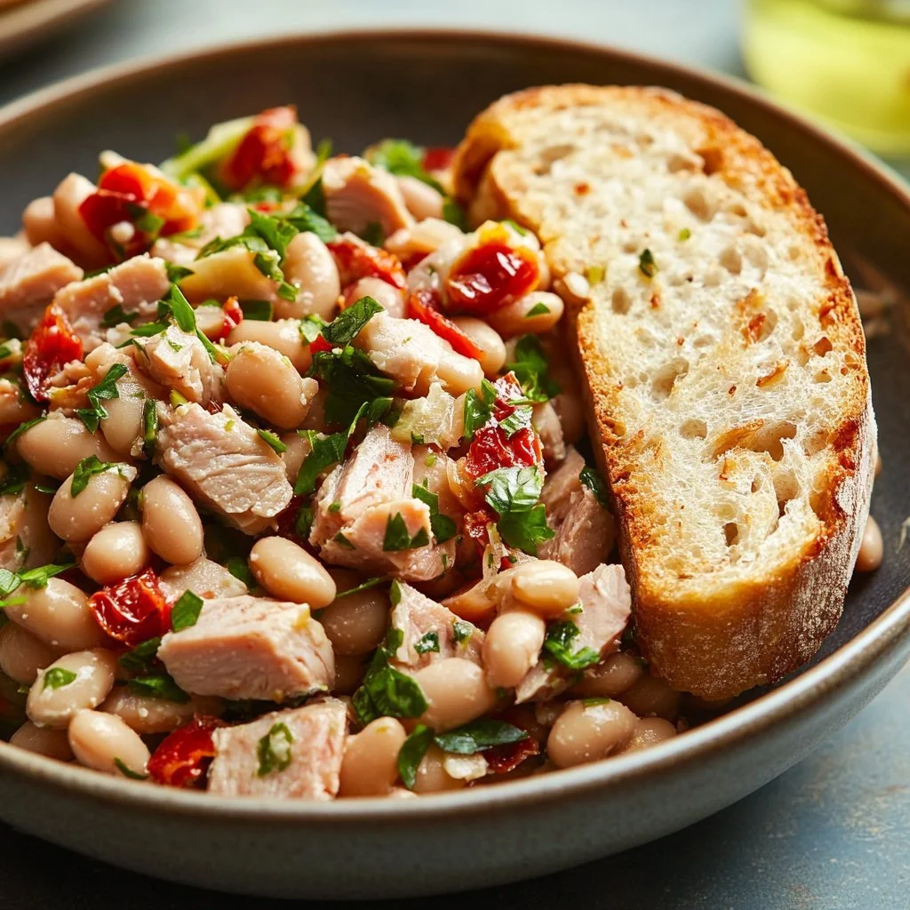 Delicious Tuna-White Bean Salad with vibrant ingredients and fresh herbs.