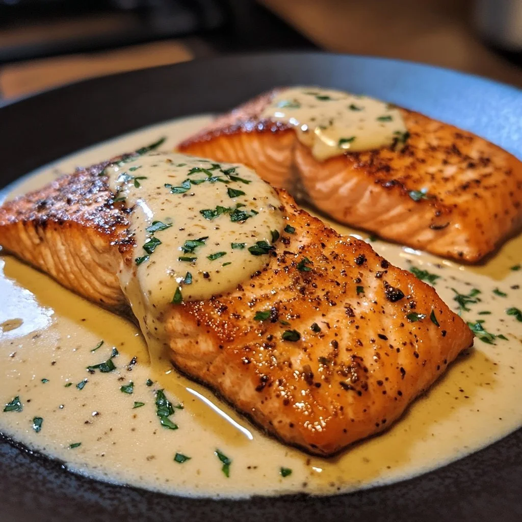 Tuscan pan-seared salmon with Parmesan cream sauce garnished with herbs