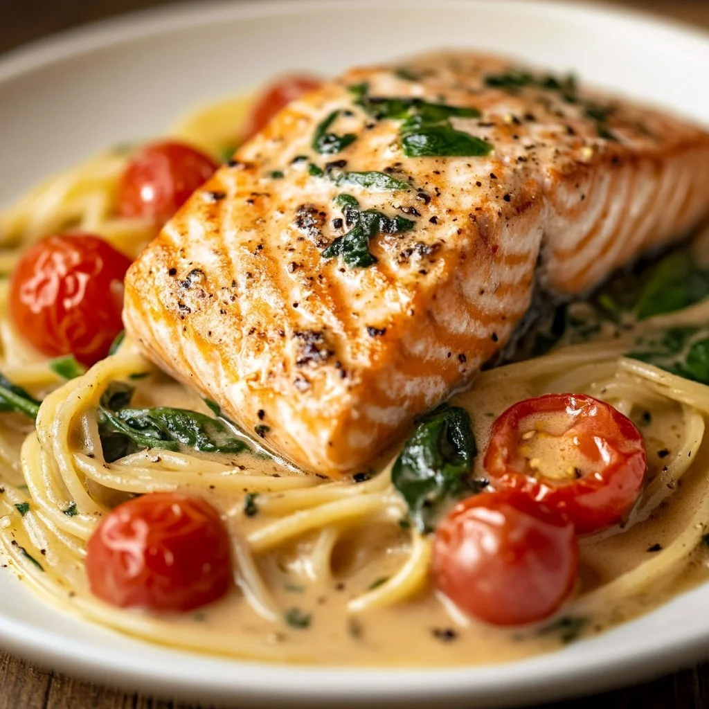 Plate of Tuscan Salmon with herbs and vegetables, featuring vibrant Mediterranean flavors