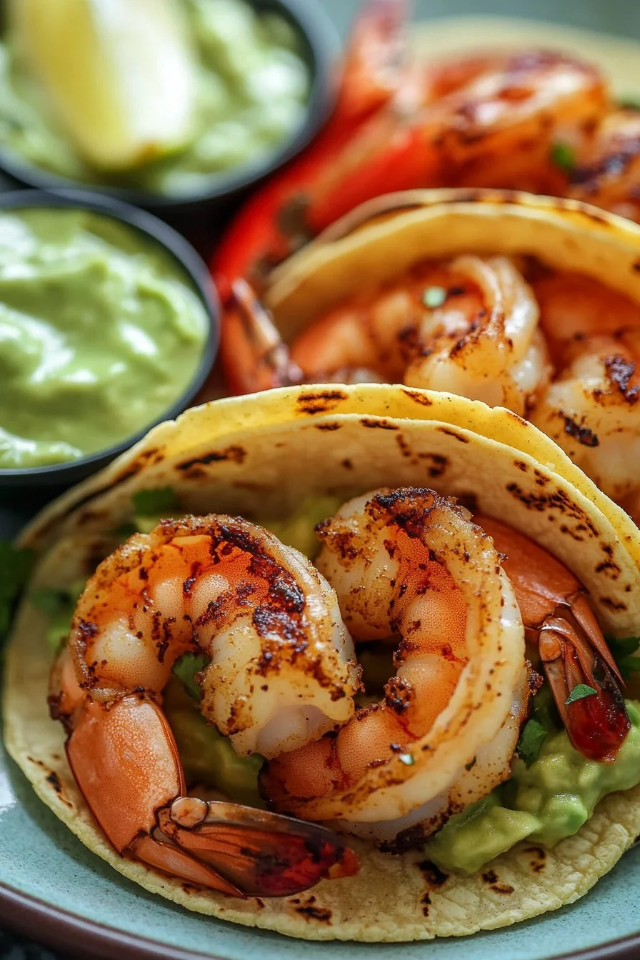 Shrimp Tacos with Avocado Lime Dipping Sauce