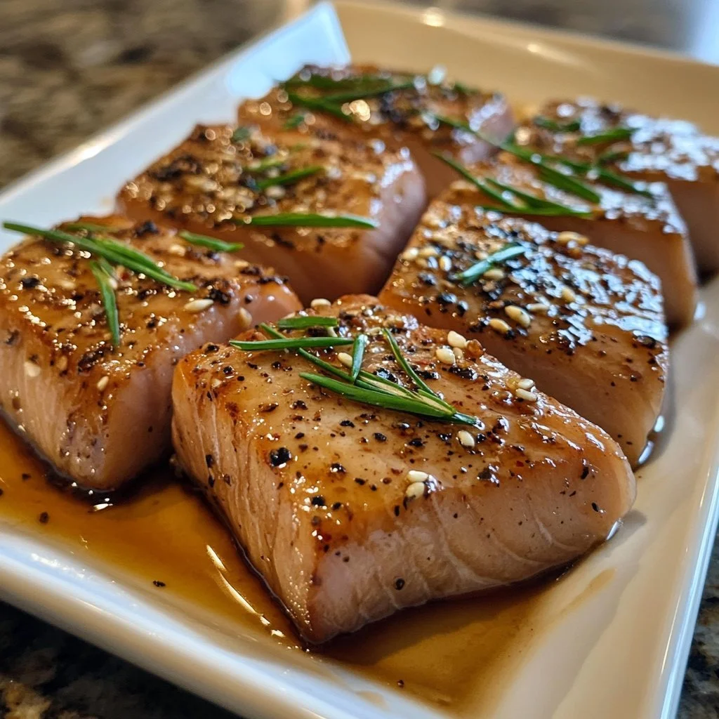 Ahi tuna fillet marinated in a flavorful marinade for grilling or sushi.