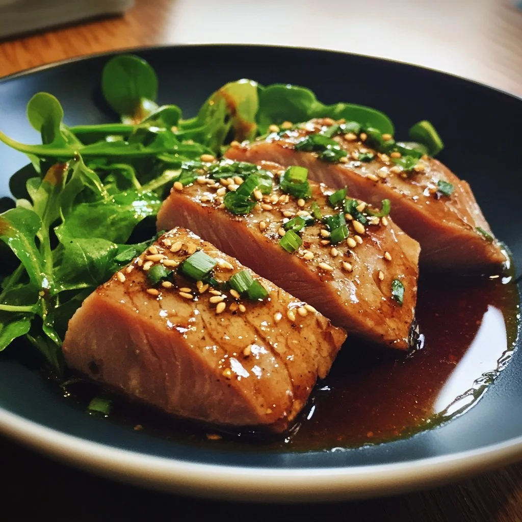 Ahi Tuna Steak drizzled with Soy Ginger Glaze garnished with green onions