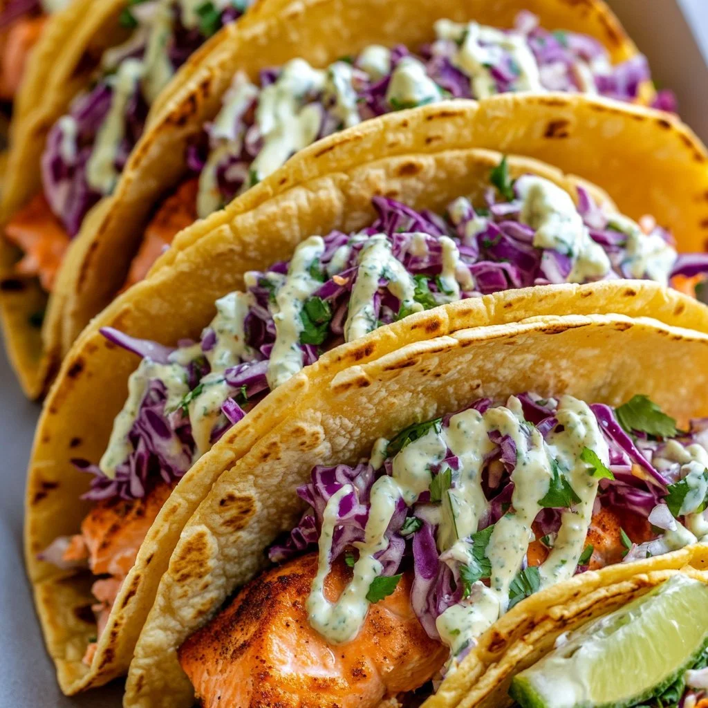 Air fryer salmon tacos topped with fresh slaw in a tortilla