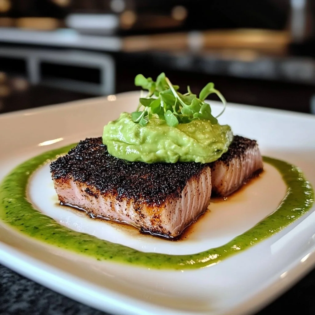 Seared blackened tuna steaks garnished with herbs on a plate