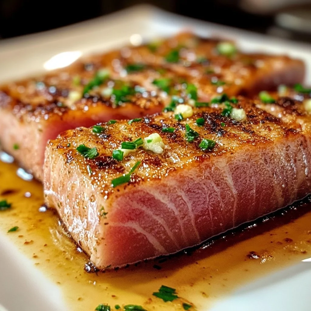 Garlic butter ahi tuna steak garnished with herbs on a plate