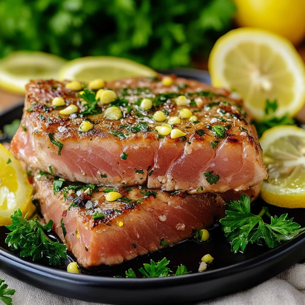 Delicious tuna steak marinated and ready to grill in a flavorful sauce