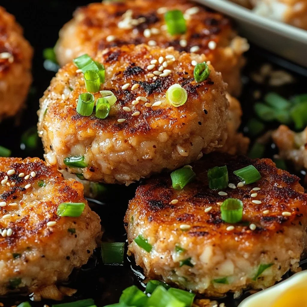 Asian-style tuna cakes with spicy mayo on a plate