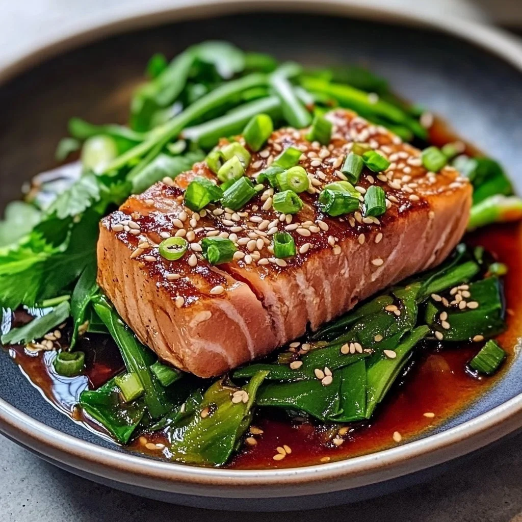 Grilled Asian tuna steak marinated in soy sauce, sesame oil, and ginger.