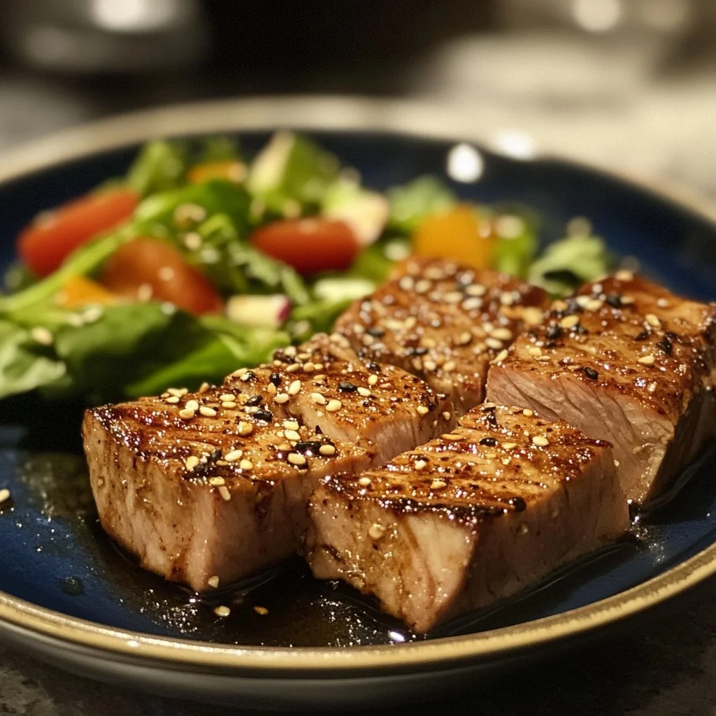 Delicious Asian Tuna Steak served with vibrant vegetables and garnished.