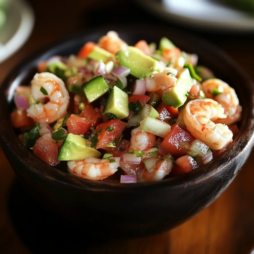A vibrant plate of authentic shrimp ceviche with fresh shrimp and lime.