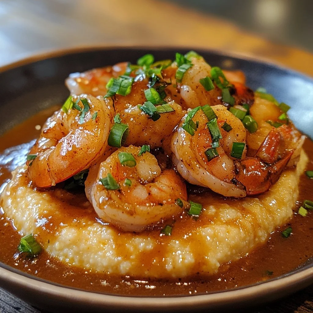 Plate of authentic Southern shrimp and grits garnished with herbs
