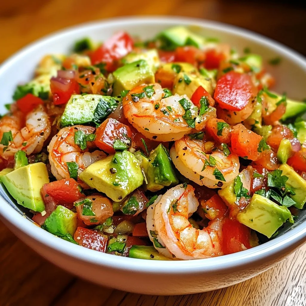 Delicious Avocado Salsa Shrimp Salad featuring fresh shrimp and vibrant avocado salsa.