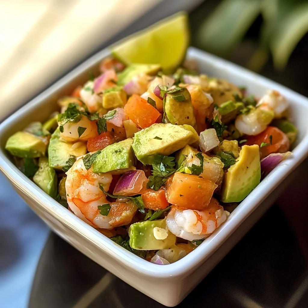 Delicious Avocado Shrimp Ceviche served with fresh ingredients and lime.