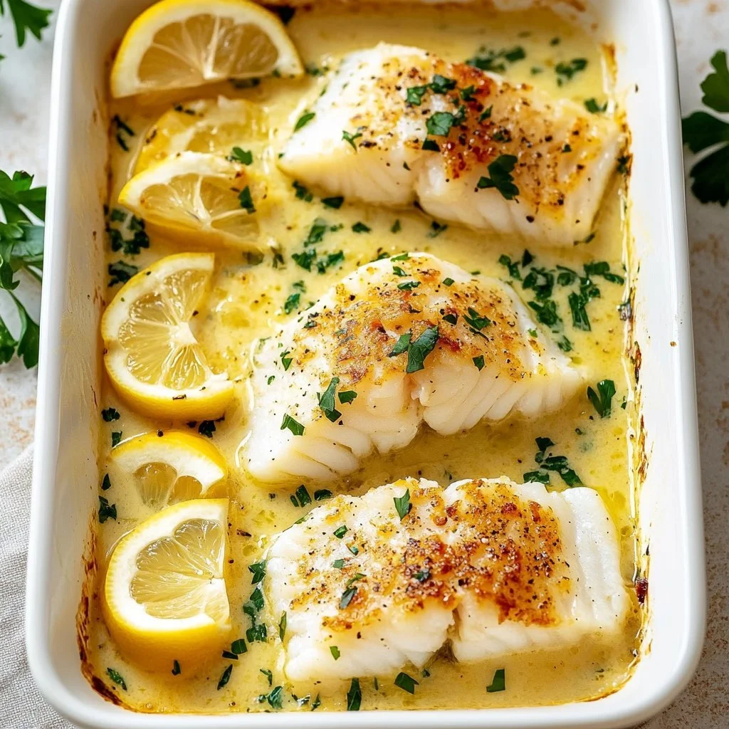 Baked cod fillet topped with coconut lemon cream sauce