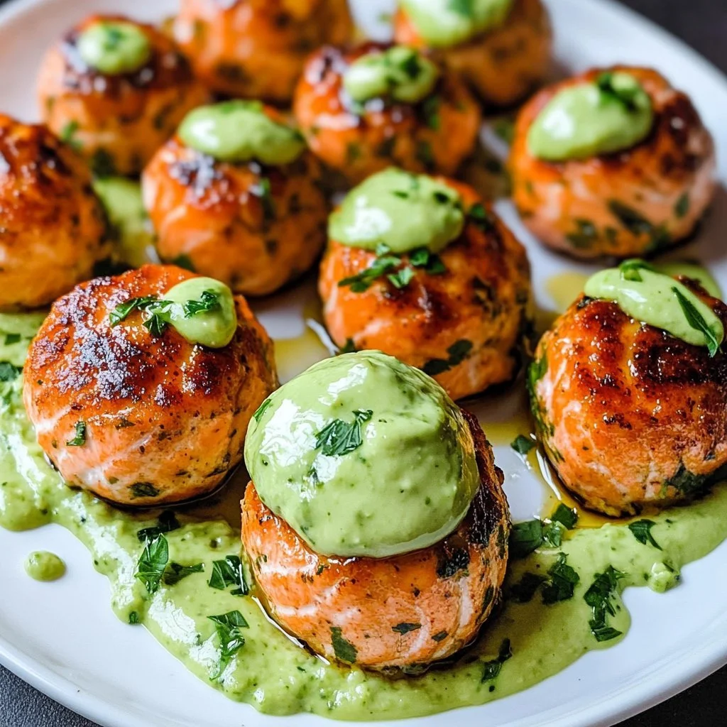 Baked salmon balls served with creamy avocado sauce on a plate.