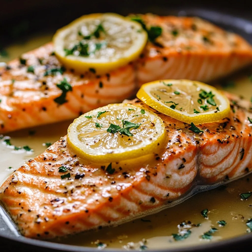 Baked salmon drizzled with lemon butter cream sauce on a white plate