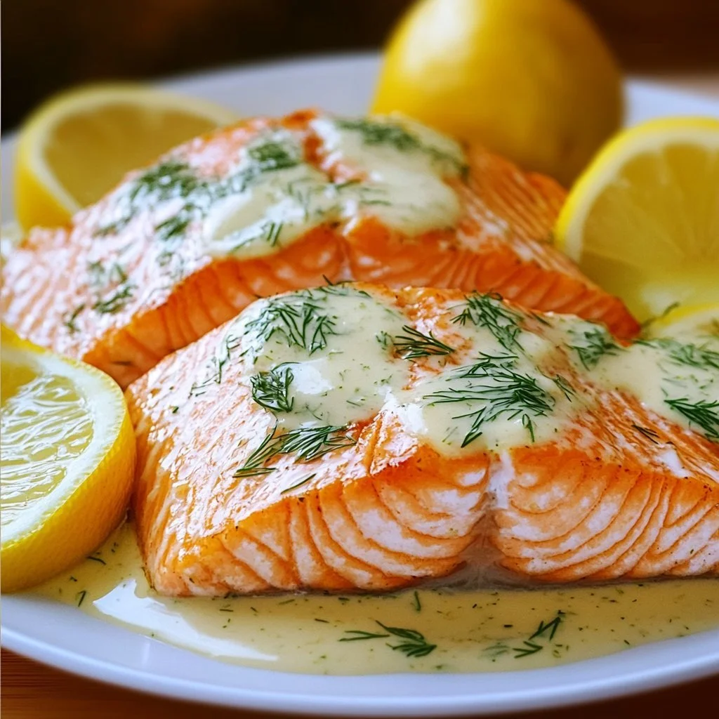 Baked salmon fillet served with lemon dill sauce on a plate.