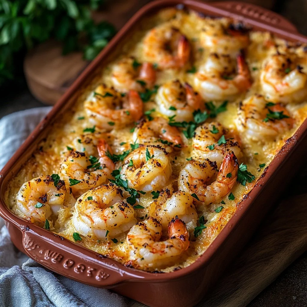 Baked Stuffed Shrimp Casserole topped with breadcrumbs and herbs