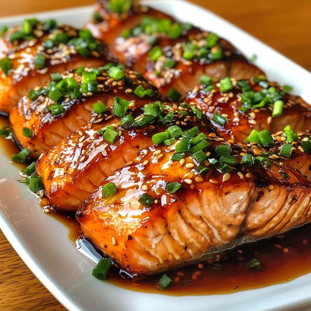 Plate of baked teriyaki salmon garnished with green onions and sesame seeds
