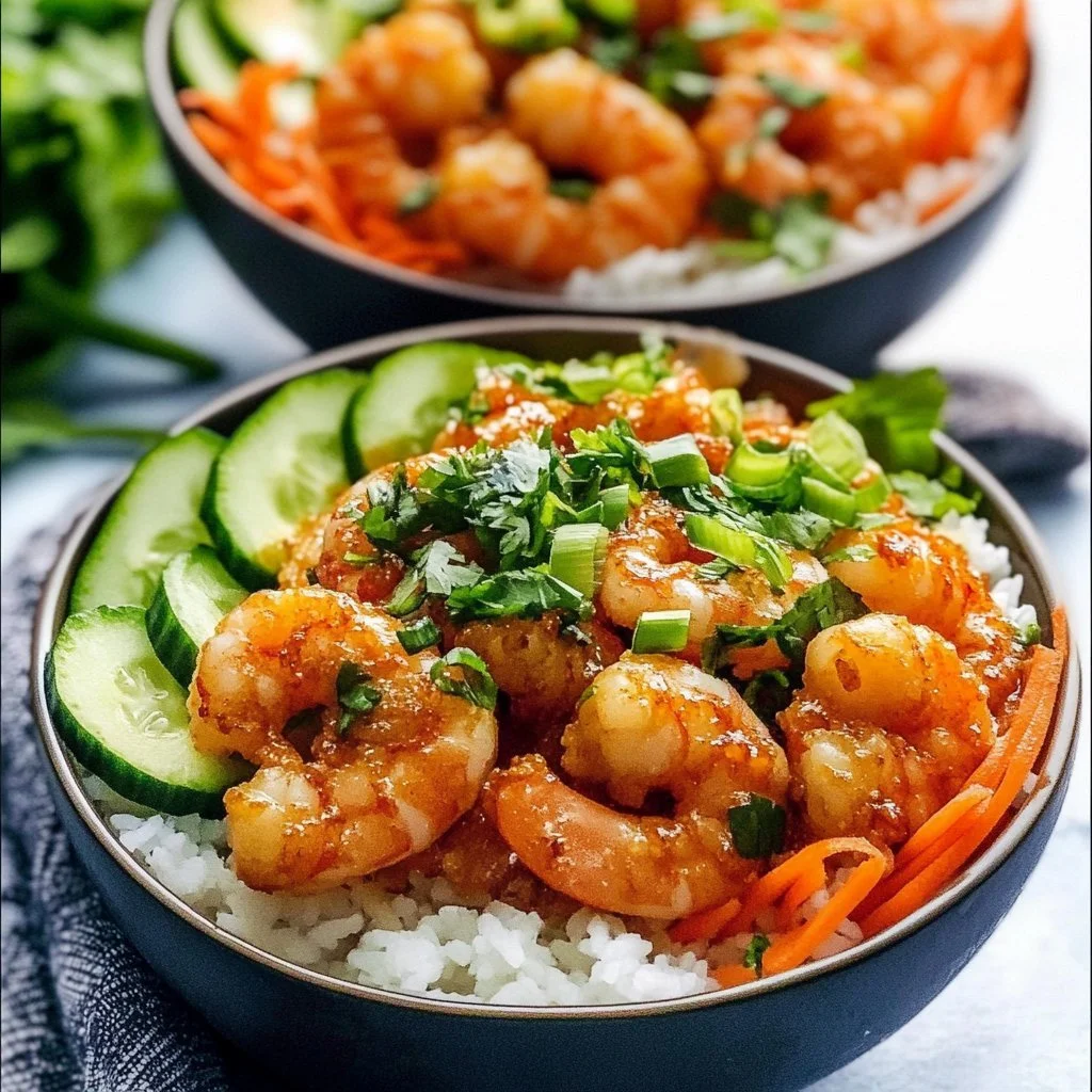 Delicious Bang Bang Shrimp Rice Bowl topped with fresh ingredients