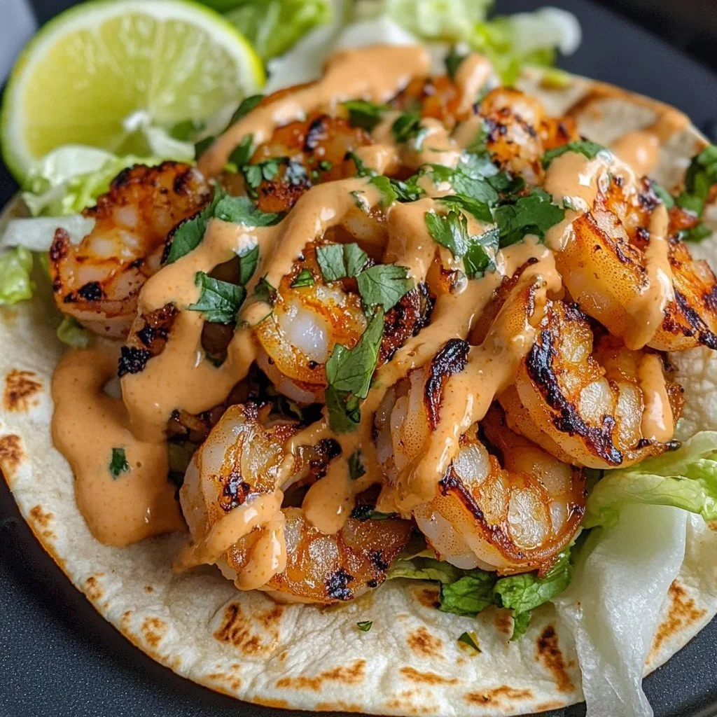 Delicious Bang Bang Shrimp Tacos served with fresh toppings and sauce