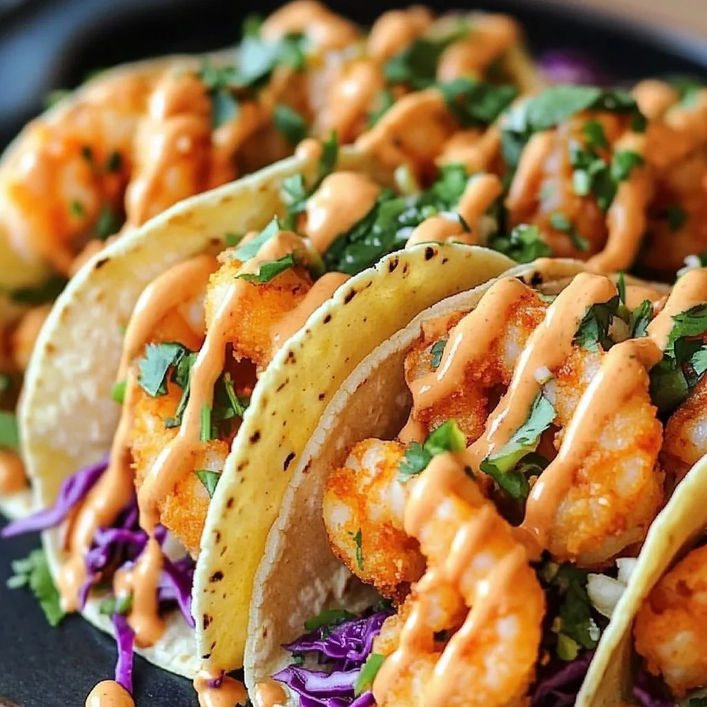 Delicious Bang Bang Shrimp Tacos garnished with fresh ingredients and sauce