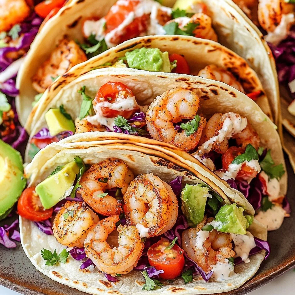 Delicious homemade shrimp taco topped with fresh salsa and avocado