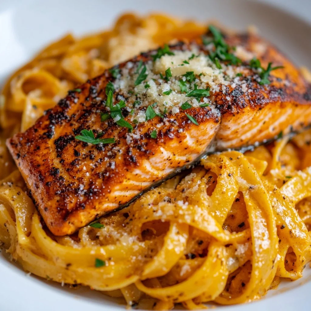 Delicious blackened creamy Cajun pasta with salmon served in a bowl.