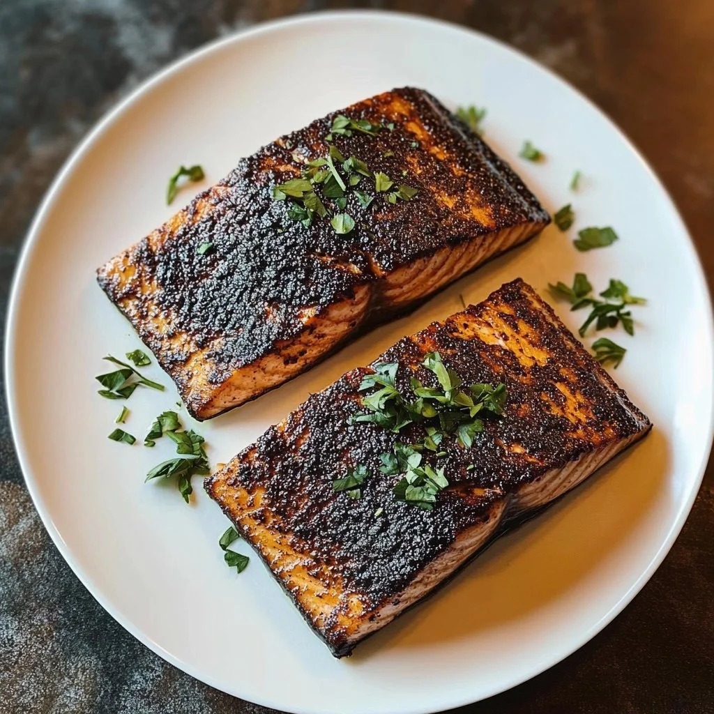 Deliciously seasoned blackened salmon fillet on a plate with fresh herbs