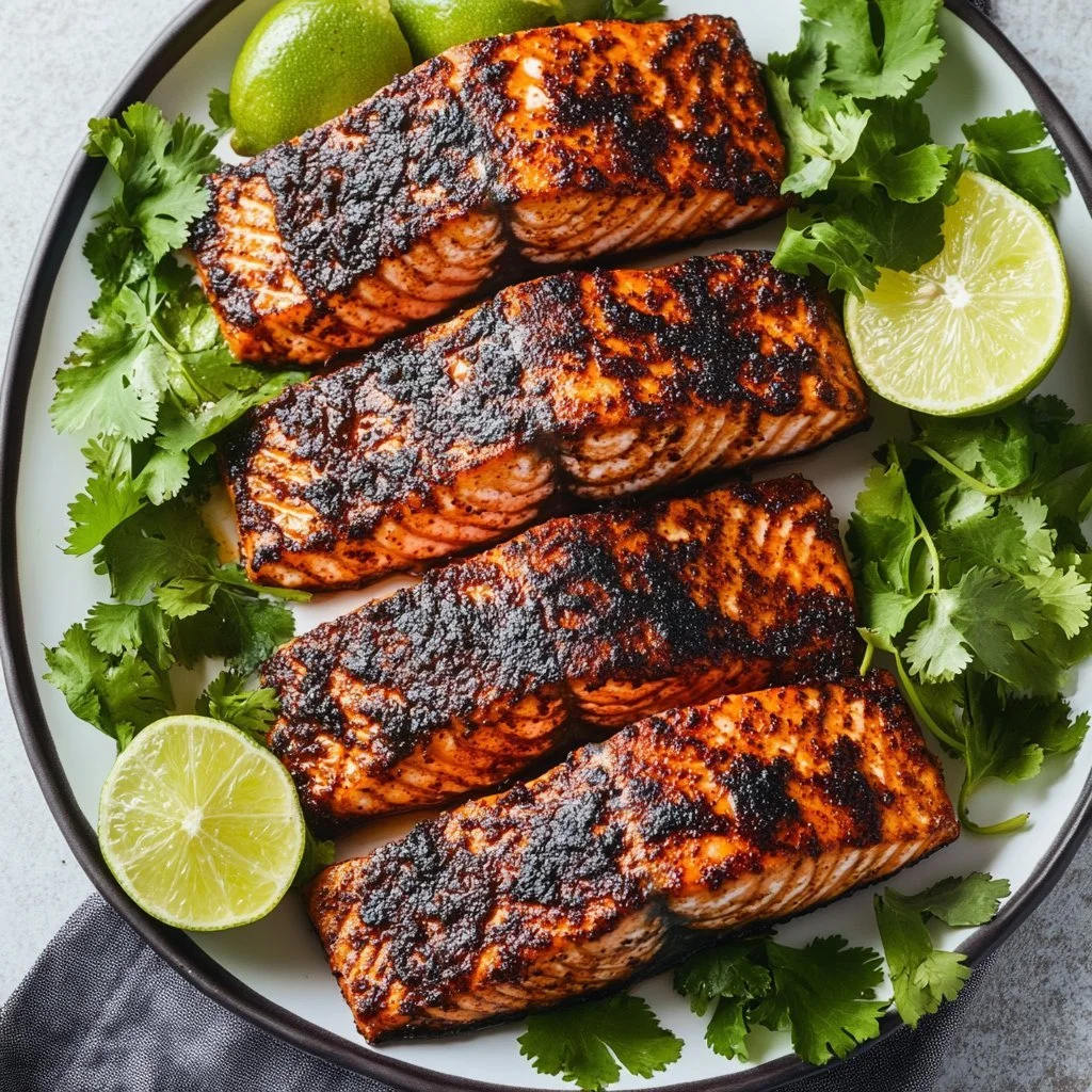 Delicious blackened salmon fillet seasoned and cooked to perfection
