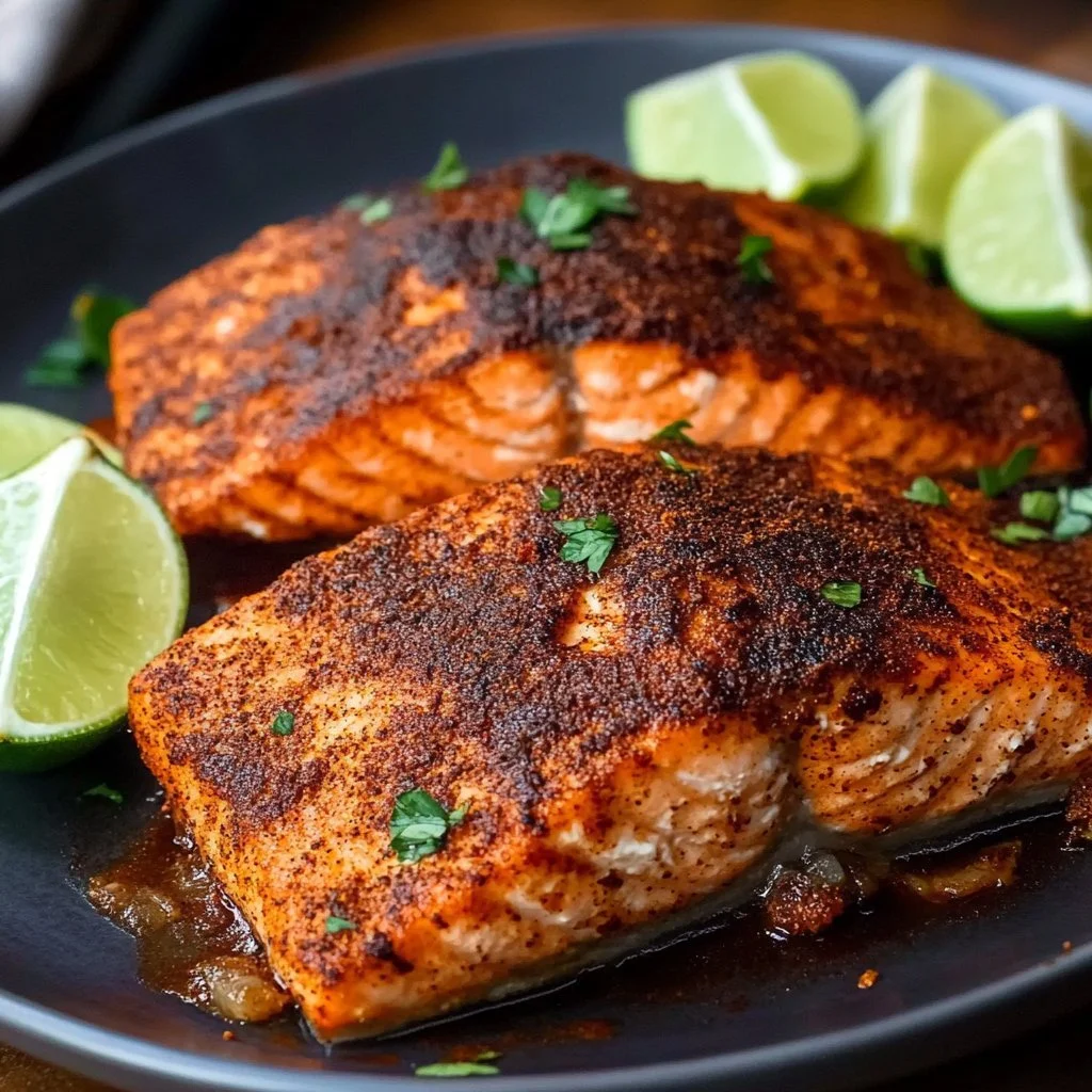 Plate of blackened salmon garnished with herbs and lemon slices.