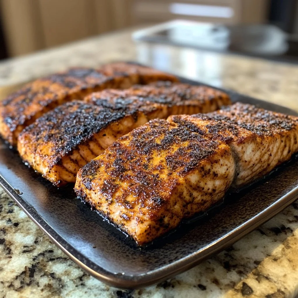 Plate of perfectly cooked blackened salmon with herbs and spices