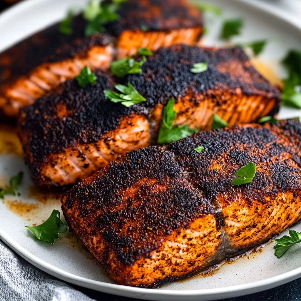 Deliciously prepared blackened salmon fillet with spices on a plate