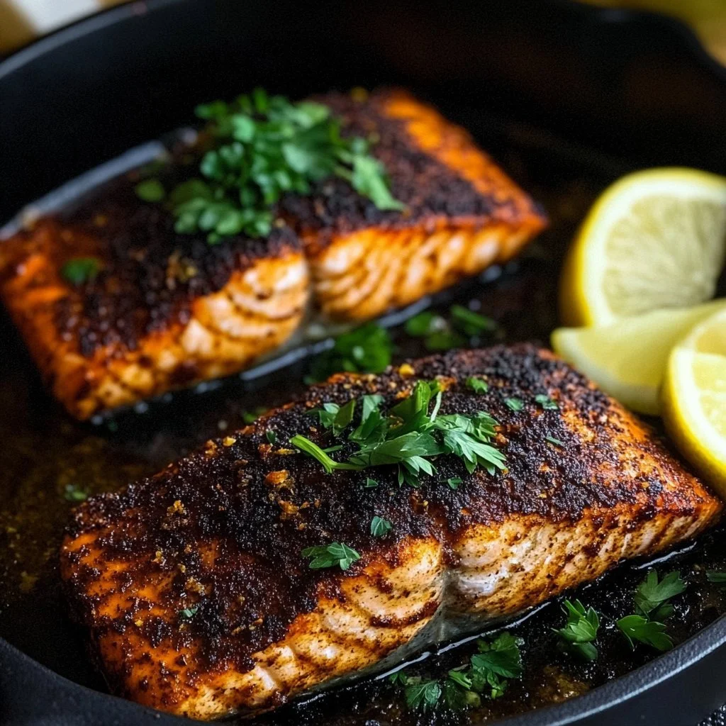 Delicious Blackened Salmon dish garnished with herbs and spices.