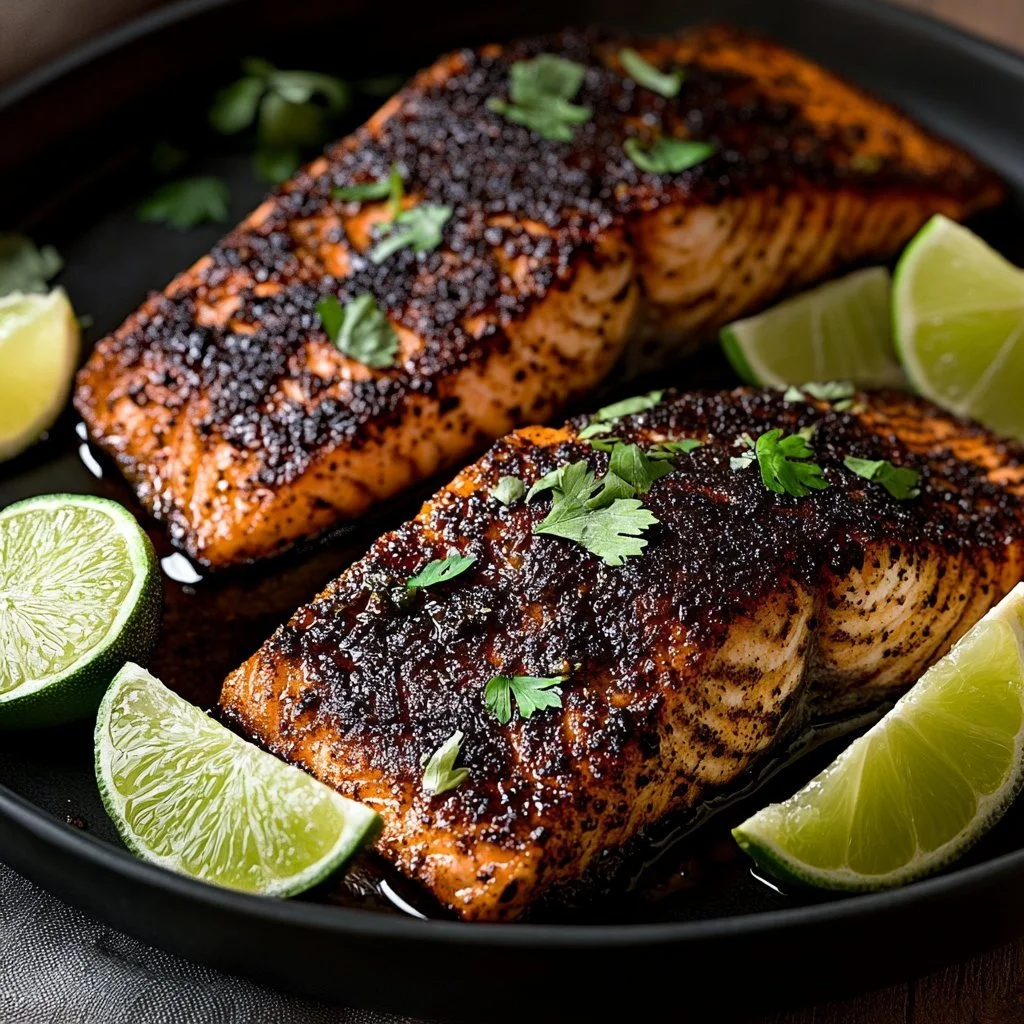 Delicious blackened salmon with a smoky seasoning, garnished beautifully