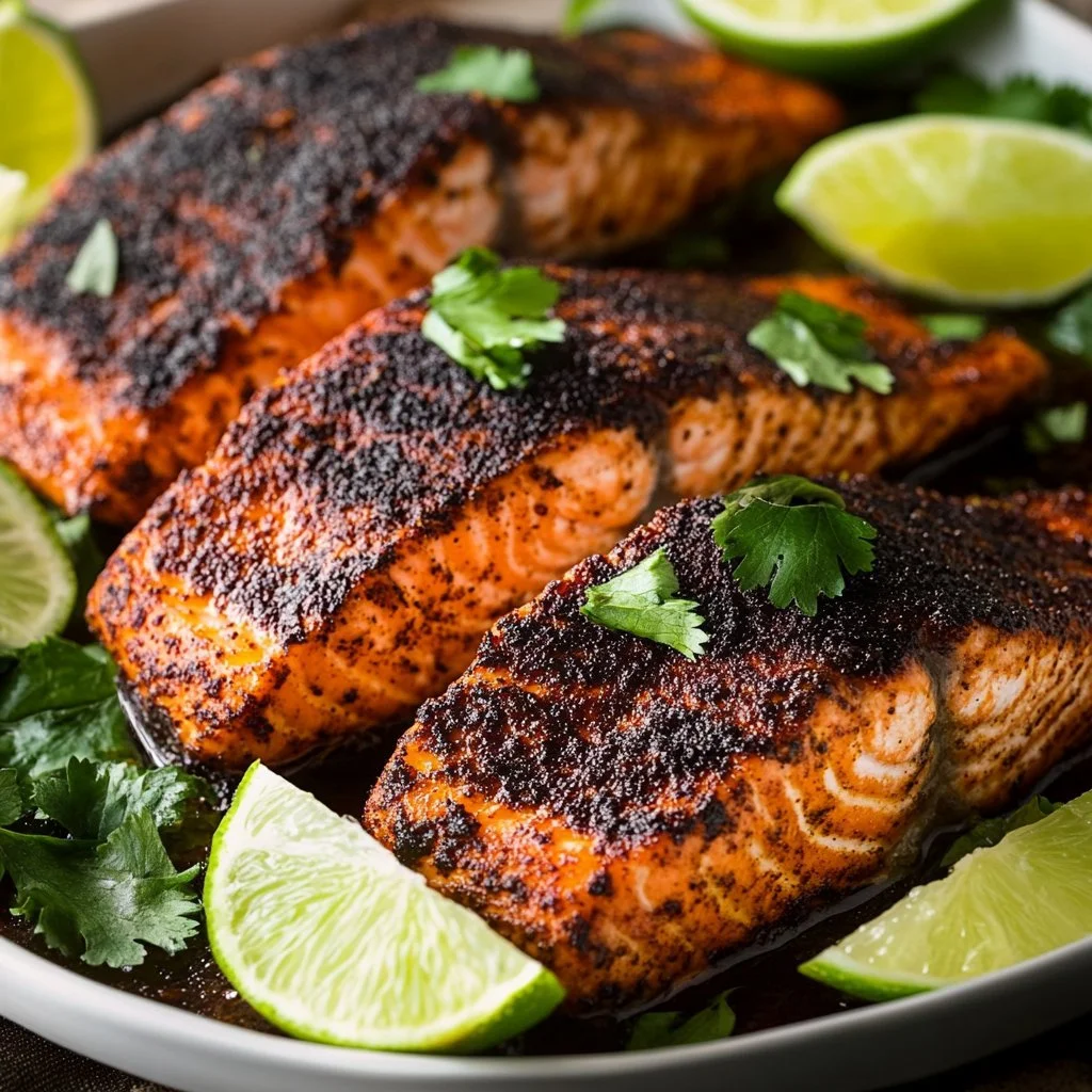 Delicious blackened salmon fillet on a plate garnished with herbs
