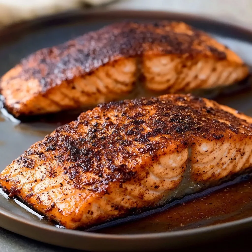 Plate of delicious blackened salmon seasoned and cooked to perfection.