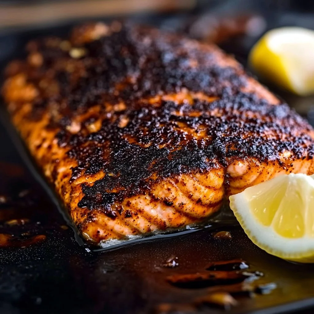 Delicious blackened salmon fillet served on a plate with fresh herbs.