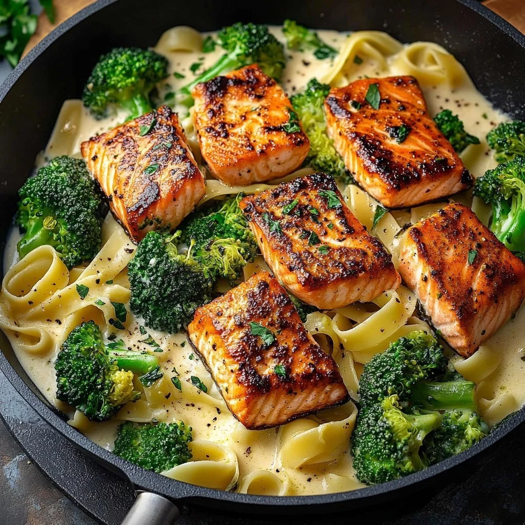Delicious blackened salmon served with creamy broccoli Alfredo pasta.