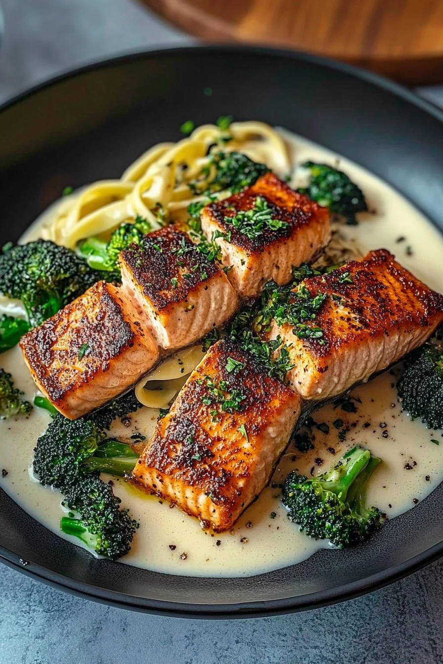 Blackened Salmon and Broccoli Alfredo