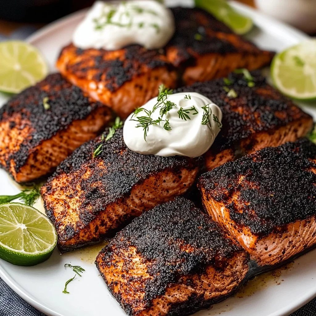 Oven-baked Blackened Salmon with dill sauce on a plate