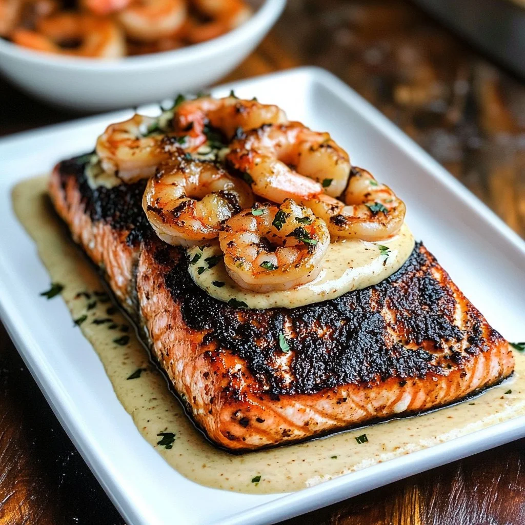 Delicious blackened salmon fillets garnished and ready to serve.