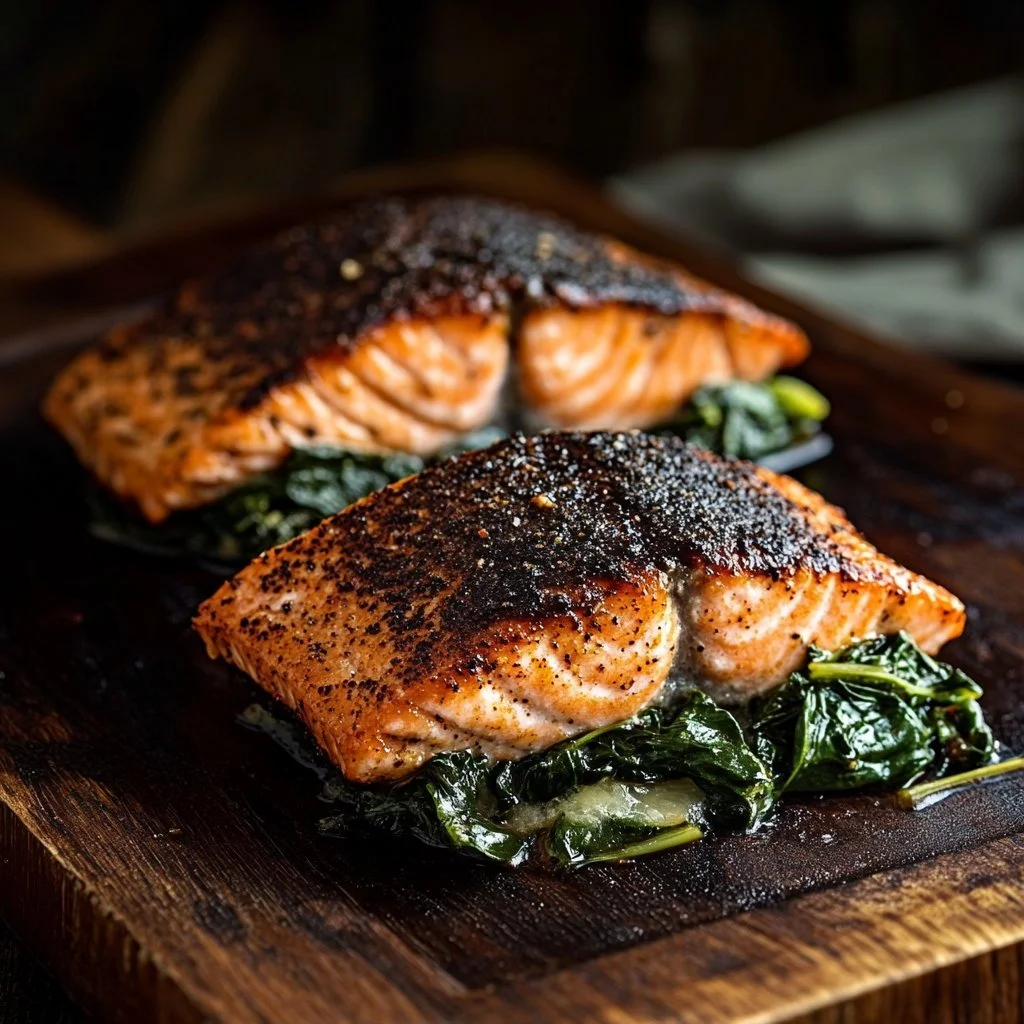 Blackened salmon stuffed with spinach and Parmesan on a white plate.