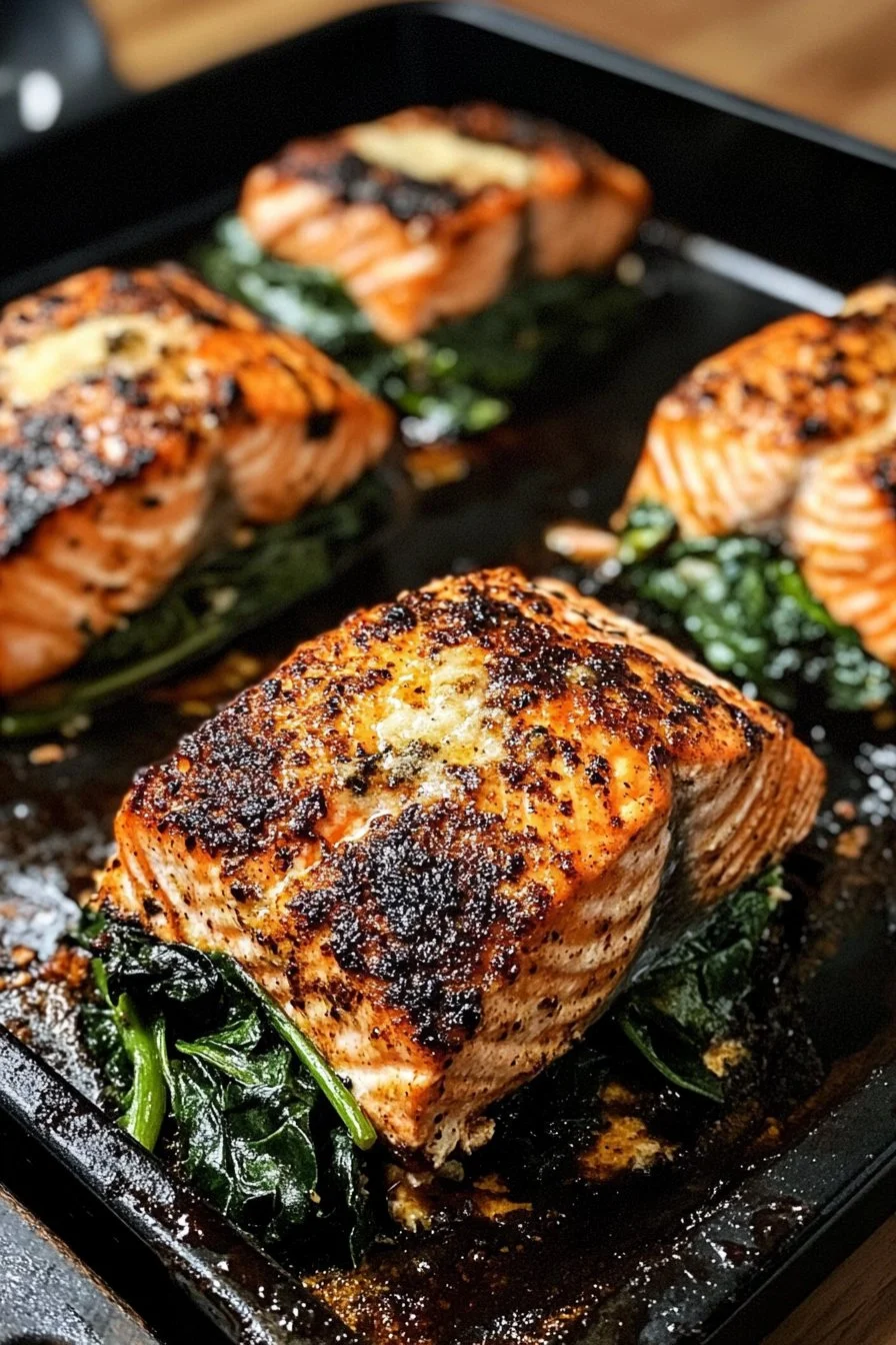 Blackened Salmon Stuffed with Spinach & Parmesan
