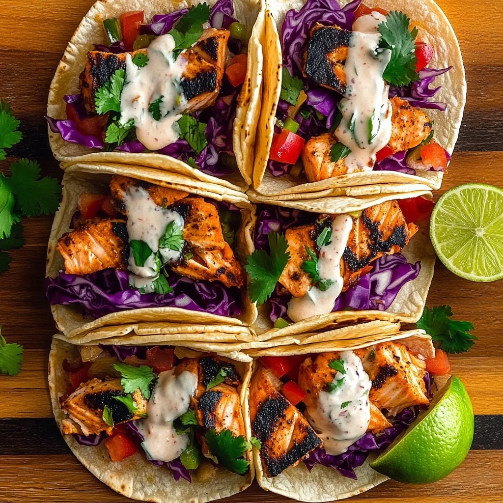 Delicious blackened salmon tacos topped with fresh vegetables and sauce