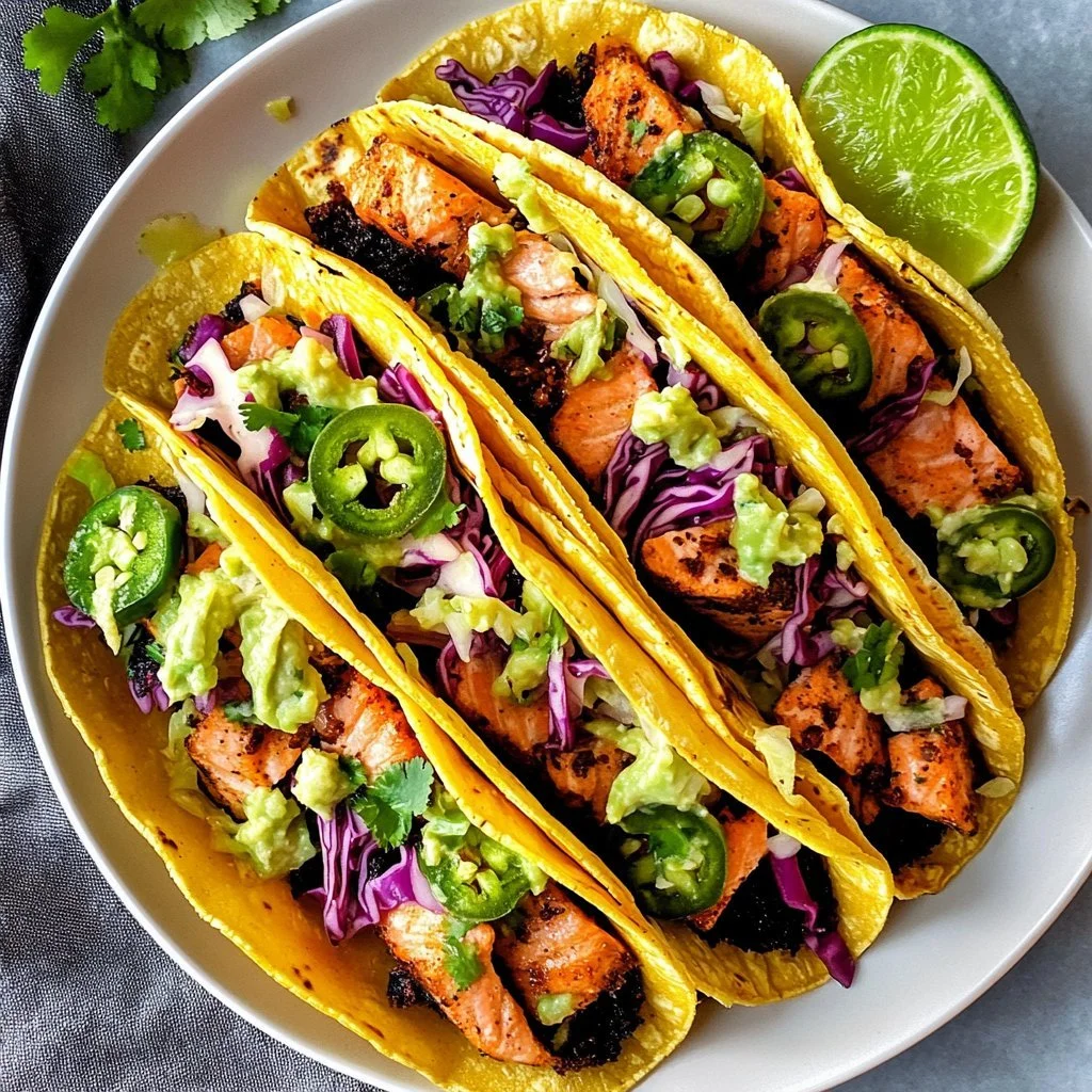 Blackened salmon tacos with fresh ingredients on a plate