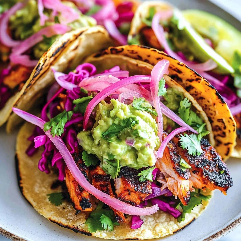 Delicious blackened salmon tacos topped with fresh ingredients