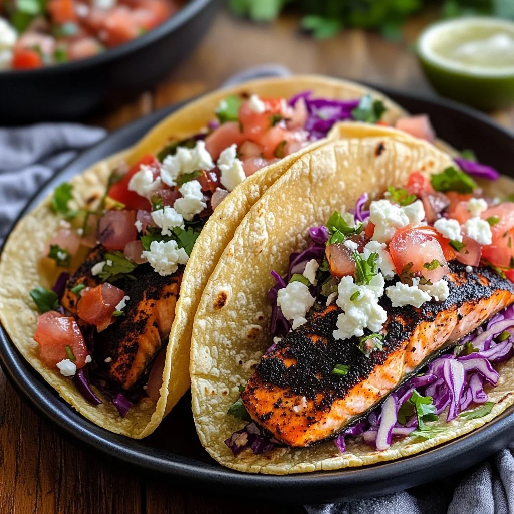 Delicious blackened salmon tacos served with fresh toppings