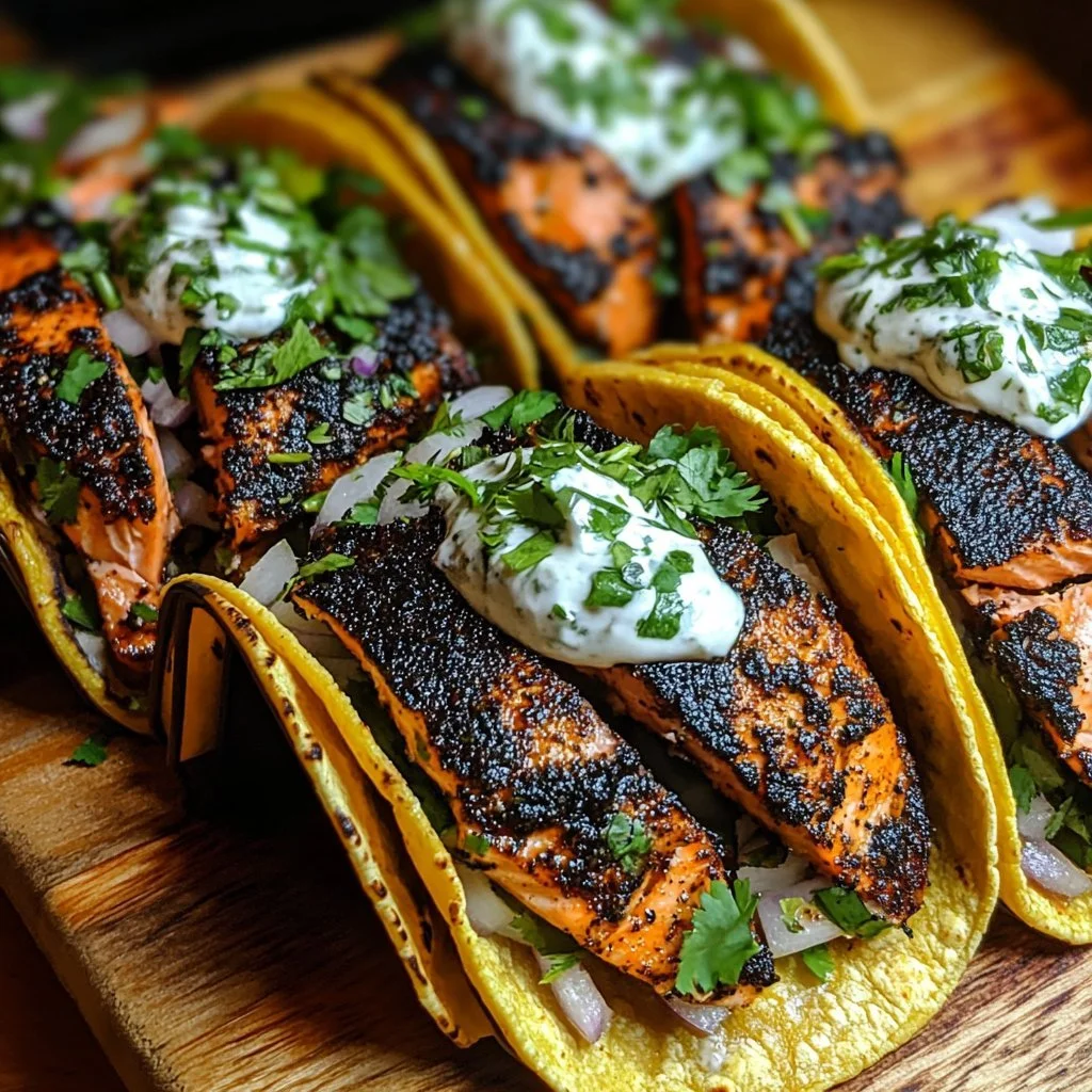 Delicious blackened salmon tacos with cilantro lime crema on a plate